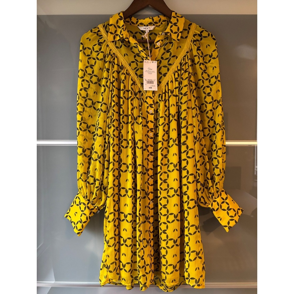 NWT** NEXT Yellow Black Geometric Print Long Sleeve Button Up Shirt Dress Size 2